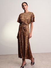 Brown Leopard Animal Print Ruched Satin Crinkle Midi Dress - Image 2 of 6