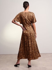 Brown Leopard Animal Print Ruched Satin Crinkle Midi Dress - Image 3 of 6