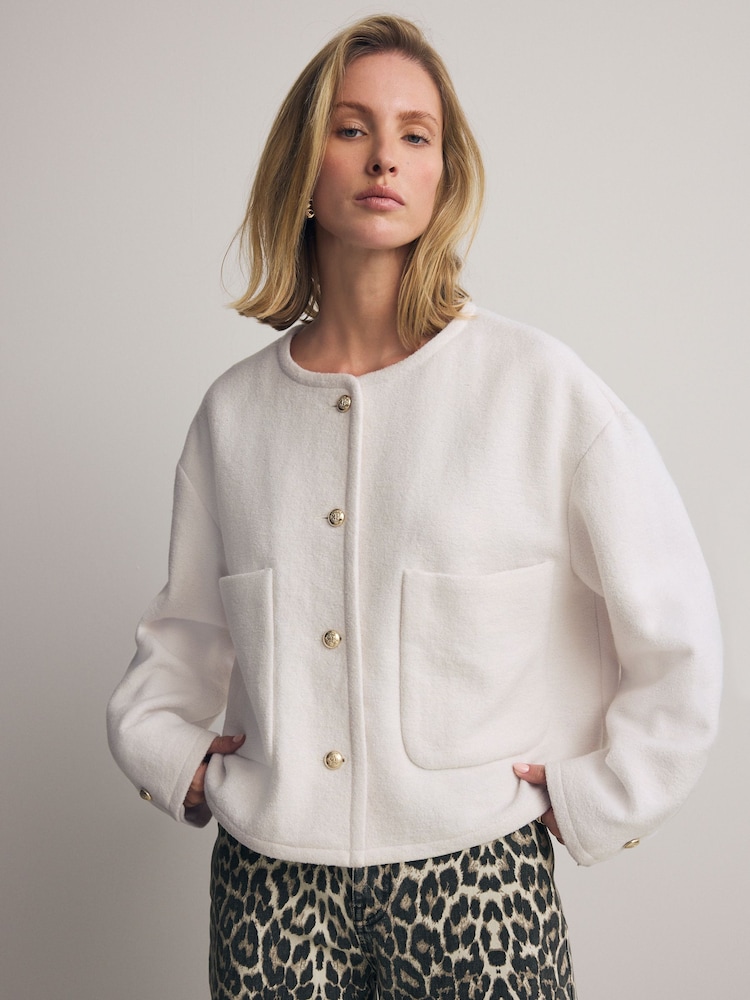 Ecru White Textured Boucle Jacket With Wool - Image 1 of 7