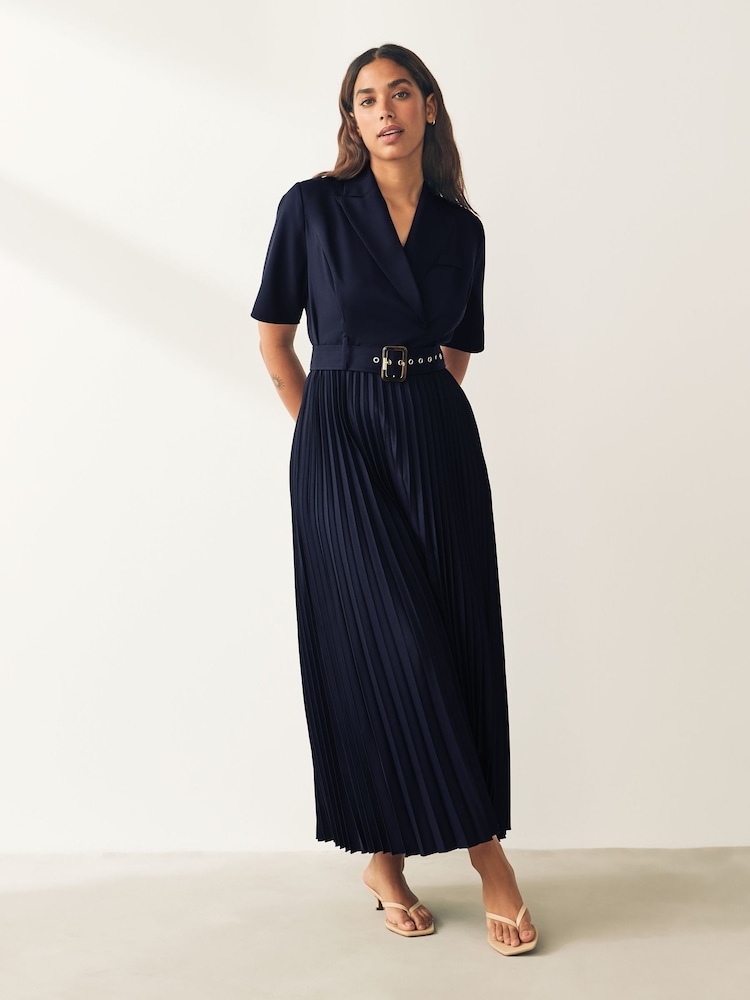 Navy Pleated Fuller Bust Short Sleeve Dress - Image 1 of 3