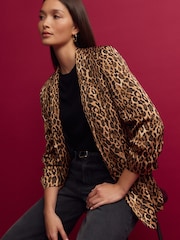 Leopard Satin Relaxed Ruched Sleeve Blazer - Image 1 of 7