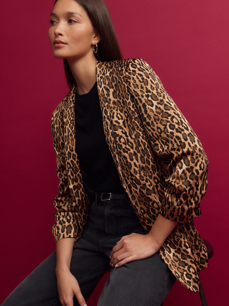 Leopard Satin Relaxed Ruched Sleeve Blazer - Image 1 of 7