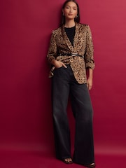 Leopard Satin Relaxed Ruched Sleeve Blazer - Image 2 of 7