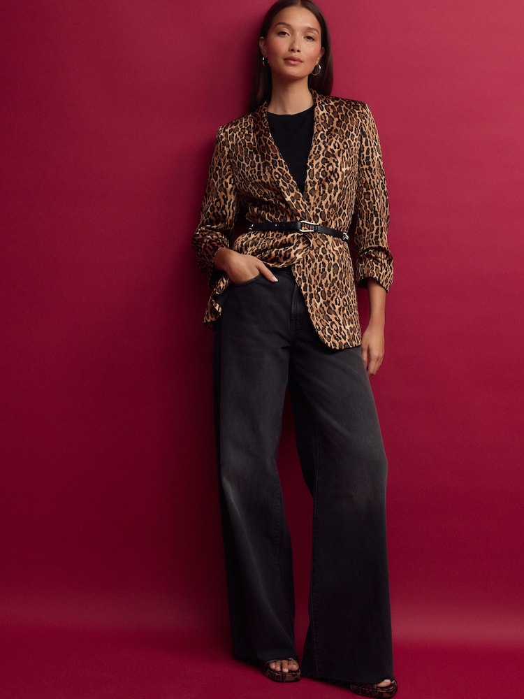 Leopard Satin Relaxed Ruched Sleeve Blazer - Image 2 of 7