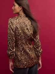 Leopard Satin Relaxed Ruched Sleeve Blazer - Image 3 of 7