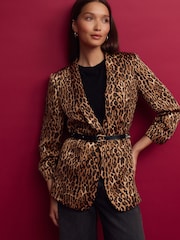 Leopard Satin Relaxed Ruched Sleeve Blazer - Image 4 of 7