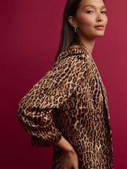 Leopard Satin Relaxed Ruched Sleeve Blazer - Image 5 of 7