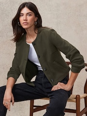 Khaki Green Brushed Collarless Buttoned Jacket - Image 1 of 6