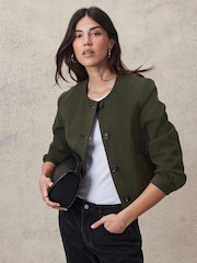 Khaki Green Brushed Collarless Buttoned Jacket - Image 2 of 6