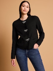 Black Boucle Collarless Bow Button Jacket - Image 1 of 6