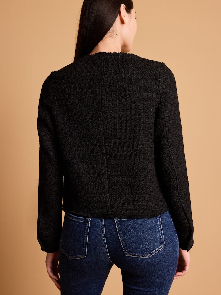 Black Boucle Collarless Bow Button Jacket - Image 2 of 6