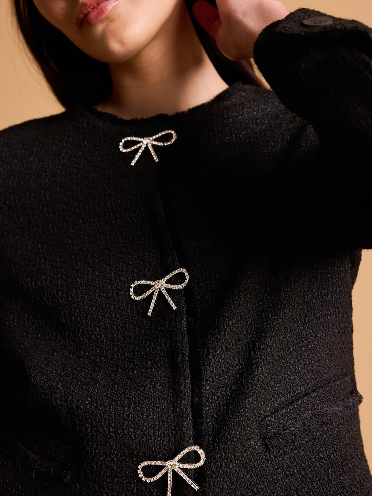 Black Boucle Collarless Bow Button Jacket - Image 4 of 6