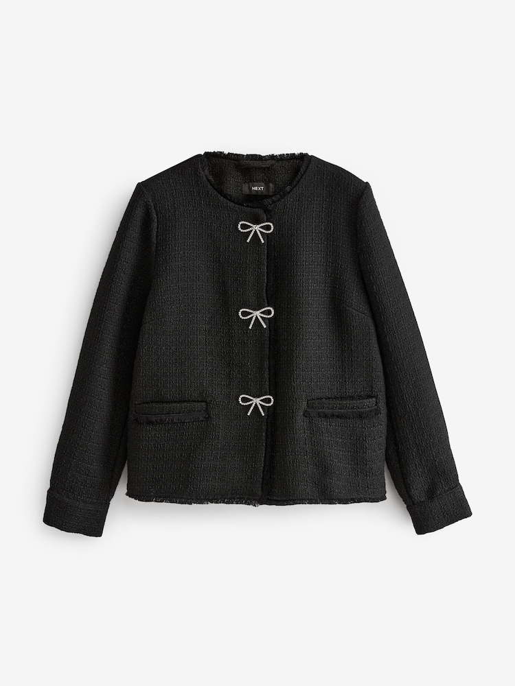 Black Boucle Collarless Bow Button Jacket - Image 5 of 6