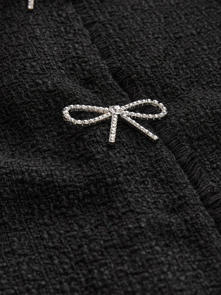 Black Boucle Collarless Bow Button Jacket - Image 6 of 6