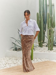 Black/Brown Leopard Animal Print Satin Midi Skirt - Image 1 of 8