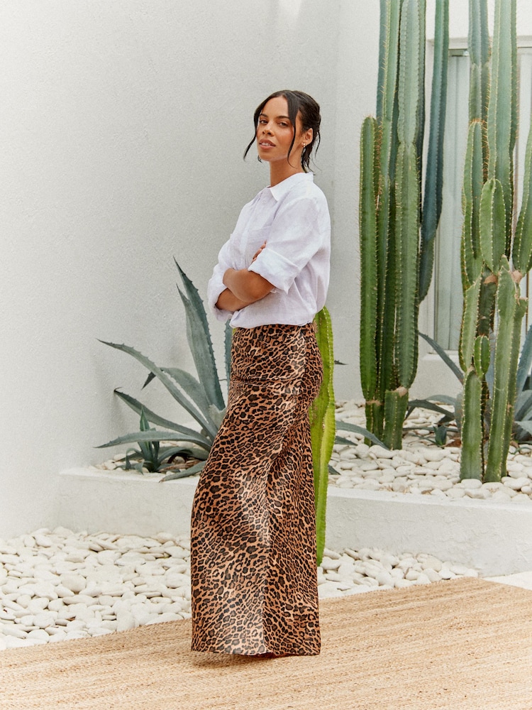 Black/Brown Leopard Animal Print Satin Midi Skirt - Image 2 of 8