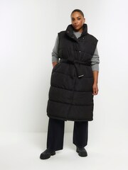 River Island Black Plus Belted Long Line Padded Gilet - Image 1 of 5