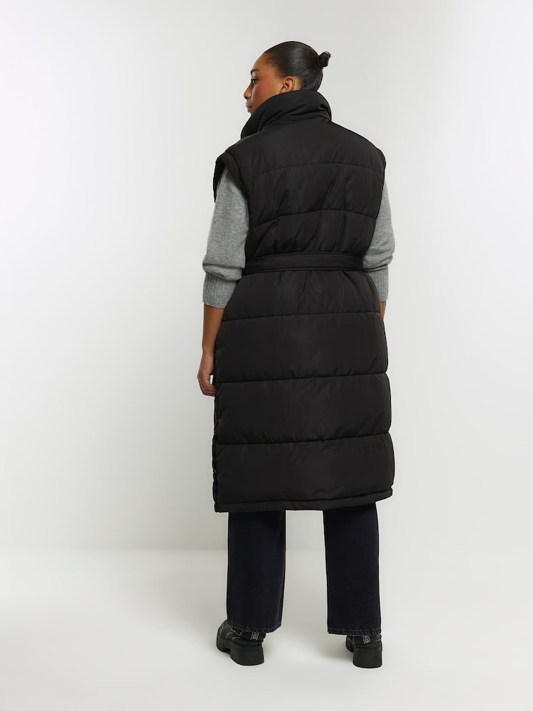 River Island Black Plus Belted Long Line Padded Gilet - Image 2 of 5