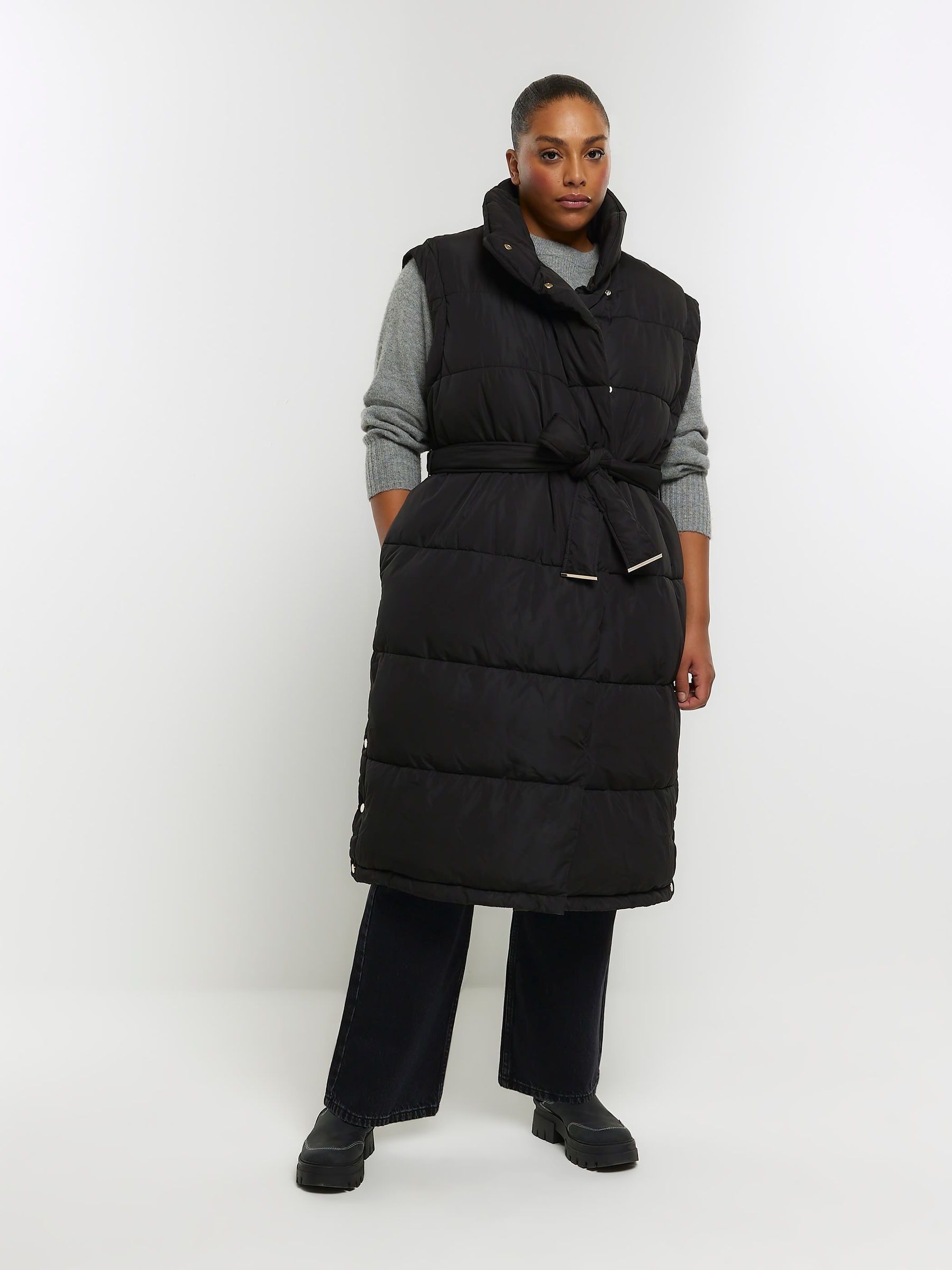 Buy River Island Black Plus Belted Long Line Padded Gilet from Next Luxembourg