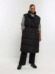 River Island Black Plus Belted Long Line Padded Gilet - Image 3 of 5