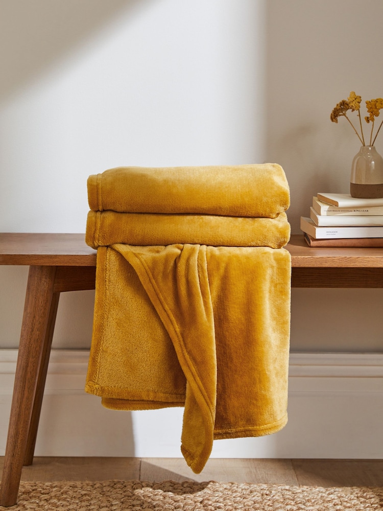 Ochre Yellow Plush Fleece Throw - Image 2 of 4 Ochre Yellow Plush Fleece Throw - Image 2 of 4