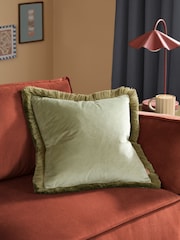 Furn Sage Green Halo Fringed Velvet Fibre Filled Cushion - Image 1 of 5