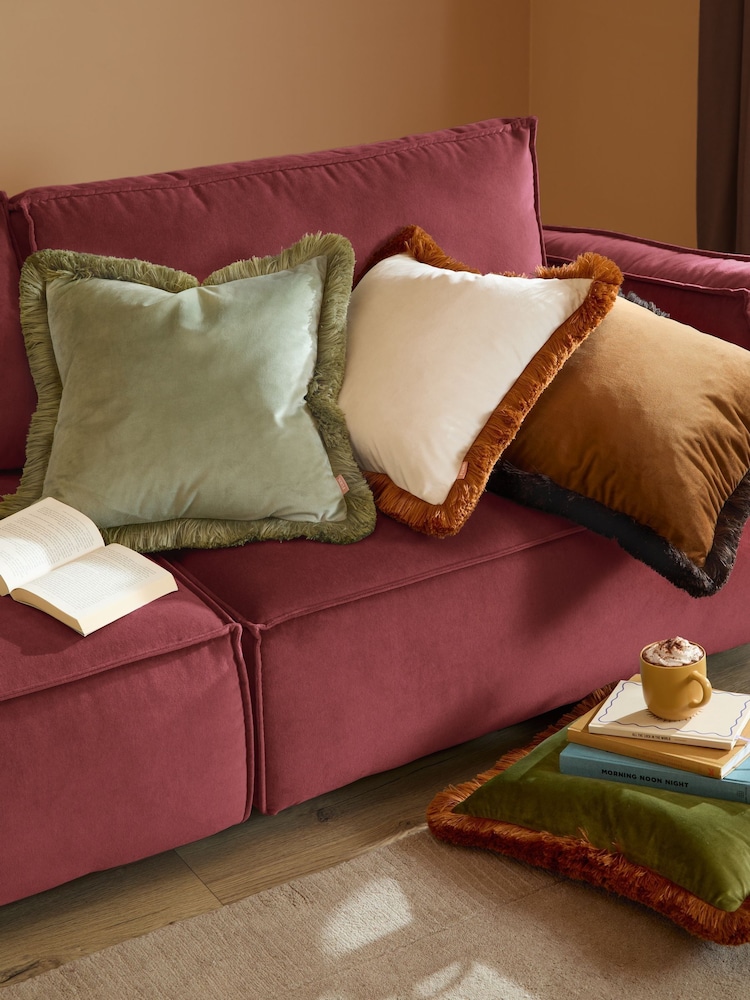 Furn Sage Green Halo Fringed Velvet Fibre Filled Cushion - Image 2 of 5 Furn Sage Green Halo Fringed Velvet Fibre Filled Cushion - Image 2 of 5