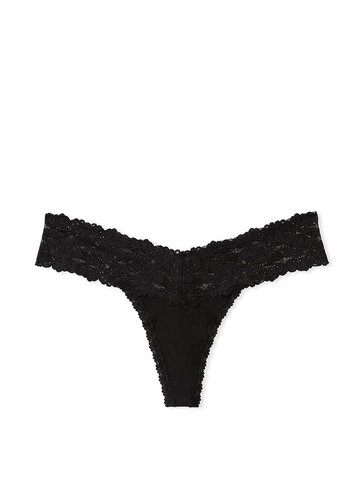 Victoria's Secret PINK Pure Black Lace Trim  Rib Thong Knickers - Image 1 of 3