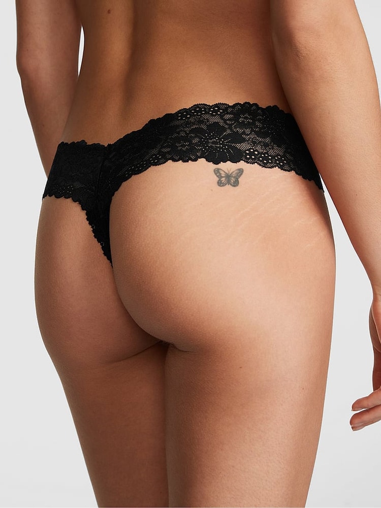 Victoria's Secret PINK Pure Black Lace Trim  Rib Thong Knickers - Image 2 of 3