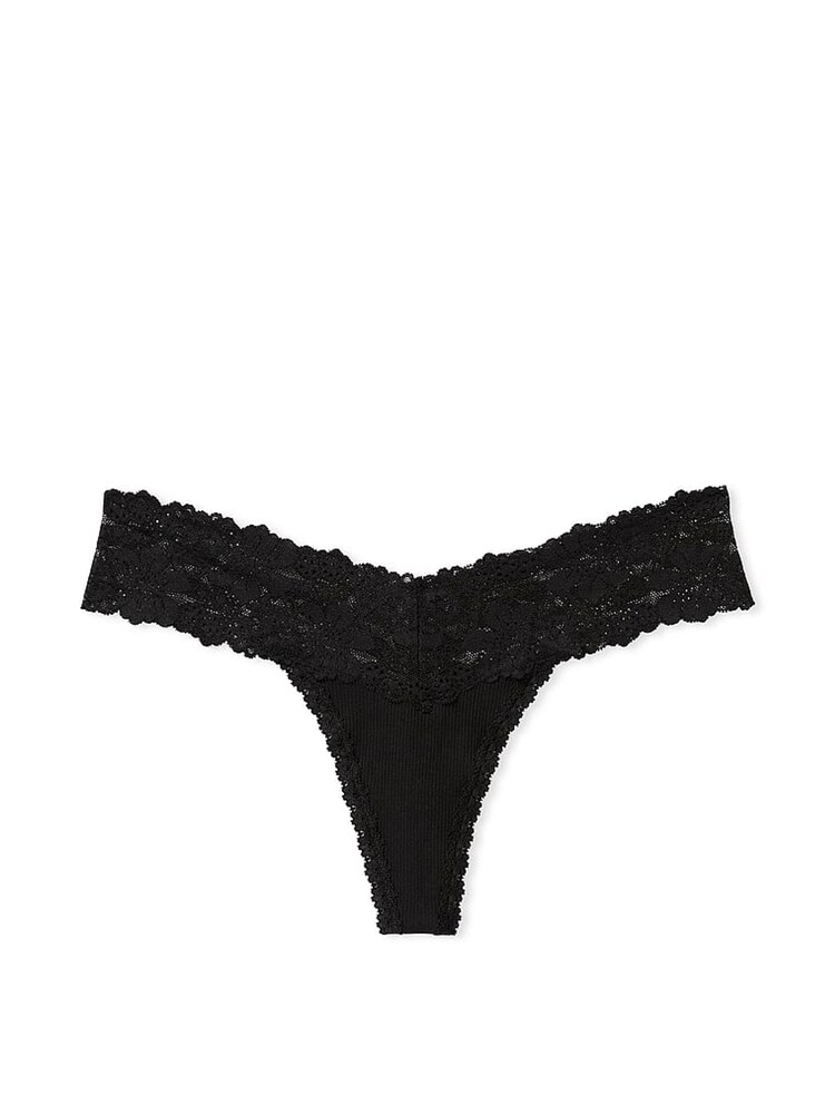 Victoria's Secret PINK Pure Black Lace Trim  Rib Thong Knickers - Image 3 of 3
