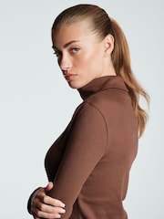 Chocolate Brown Ribbed Roll Neck Long Sleeve Mini Dress - Image 4 of 6