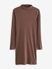 Chocolate Brown Ribbed Roll Neck Long Sleeve Mini Dress - Image 5 of 6