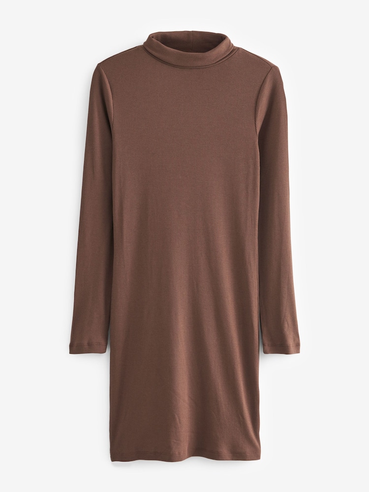 Chocolate Brown Ribbed Roll Neck Long Sleeve Mini Dress - Image 5 of 6