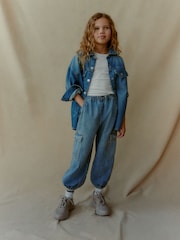 Mid Blue Denim Parachute Cargo Cuffed Trousers (3-16yrs) - Image 1 of 5