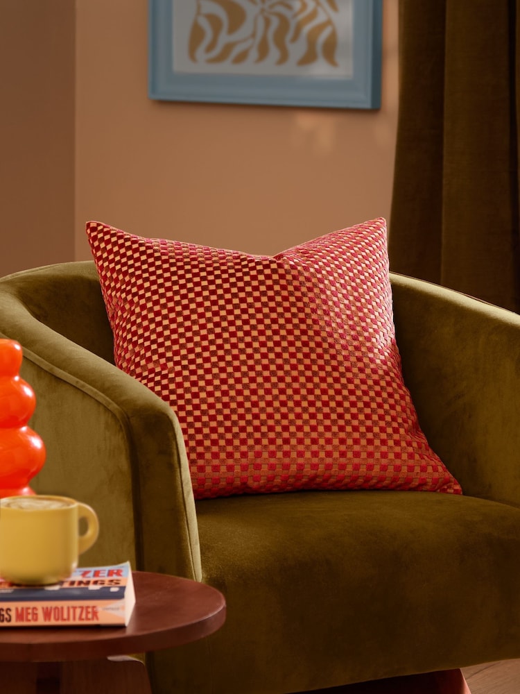Furn Maroon Checkered Velvet Fibre Filled Cushion - Image 1 of 4 Furn Maroon Checkered Velvet Fibre Filled Cushion - Image 1 of 4
