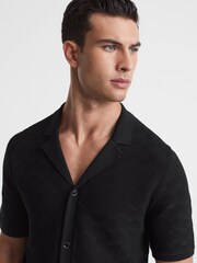 Reiss Black Lunar Textured Cuban Collar Button-Through Shirt - Image 1 of 5