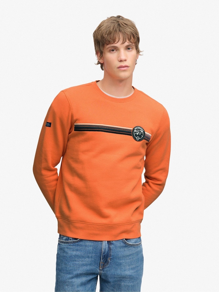 Superdry Orange Outdoor Stripe Logo Relaxed Sweatshirt - Image 1 of 6 Superdry Orange Outdoor Stripe Logo Relaxed Sweatshirt - Image 1 of 6
