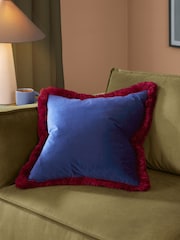 Furn Navy Burgundy Halo Fringed Velvet Fibre Filled Cushion - Image 1 of 5