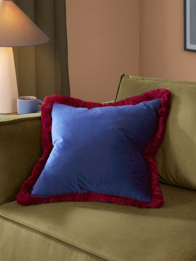 Furn Navy Burgundy Halo Fringed Velvet Fibre Filled Cushion - Image 1 of 5 Furn Navy Burgundy Halo Fringed Velvet Fibre Filled Cushion - Image 1 of 5