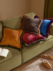 Furn Navy Burgundy Halo Fringed Velvet Fibre Filled Cushion - Image 2 of 5