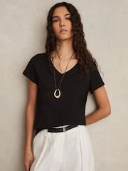 Reiss Black Luana Cotton-Jersey V-Neck T-Shirt - Image 1 of 6
