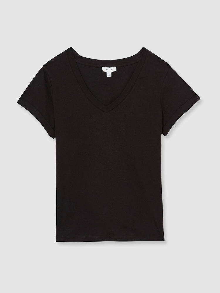 Reiss Black Luana Cotton-Jersey V-Neck T-Shirt - Image 2 of 6