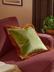 Furn Olive Ginger Halo Fringed Velvet Fibre Filled Cushion - Image 1 of 5