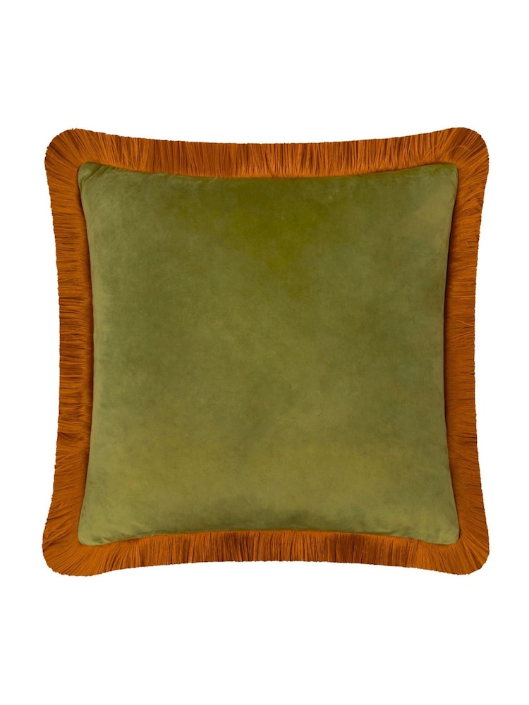Furn Olive Ginger Halo Fringed Velvet Fibre Filled Cushion - Image 5 of 5 Furn Olive Ginger Halo Fringed Velvet Fibre Filled Cushion - Image 5 of 5