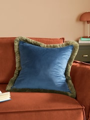 Furn Petrol Sage Halo Fringed Velvet Fibre Filled Cushion - Image 1 of 5