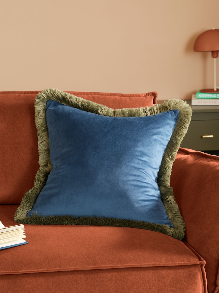 Furn Petrol Sage Halo Fringed Velvet Fibre Filled Cushion - Image 1 of 5