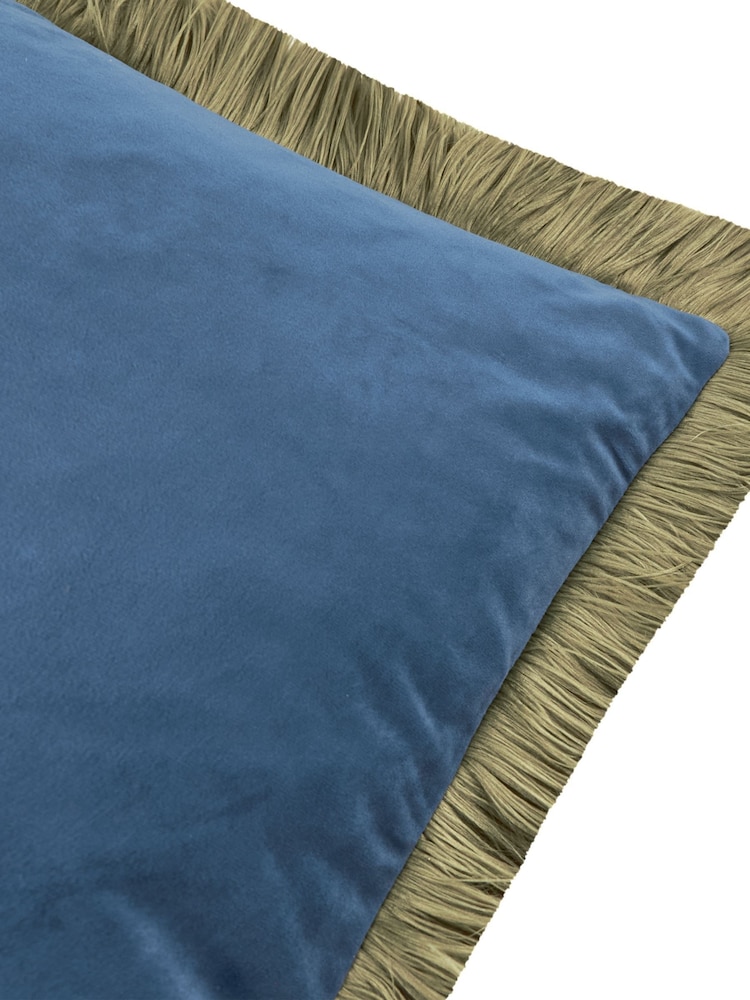 Furn Petrol Sage Halo Fringed Velvet Fibre Filled Cushion - Image 5 of 5