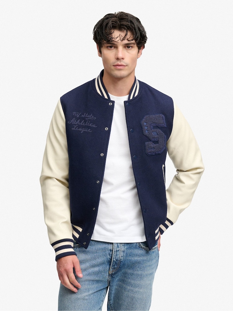 Superdry Blue Vintage Patched Varsity Jacket - Image 1 of 5 Superdry Blue Vintage Patched Varsity Jacket - Image 1 of 5