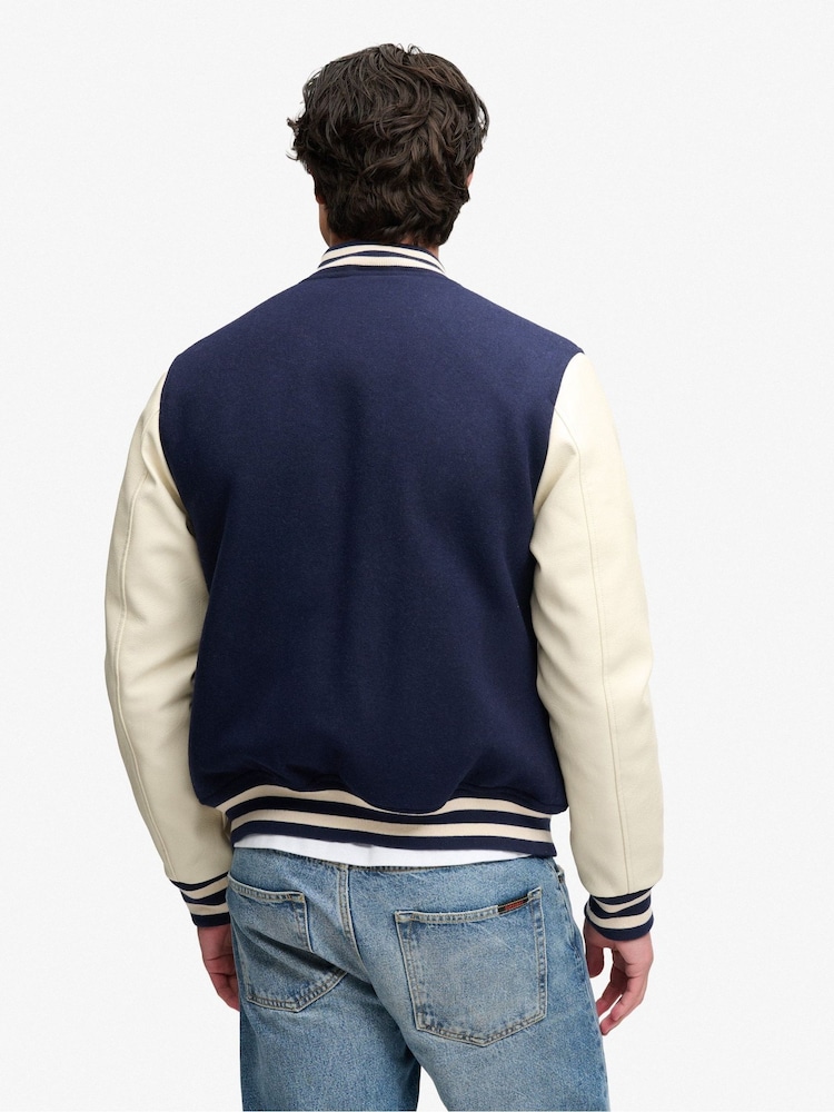 Superdry Blue Vintage Patched Varsity Jacket - Image 2 of 5 Superdry Blue Vintage Patched Varsity Jacket - Image 2 of 5