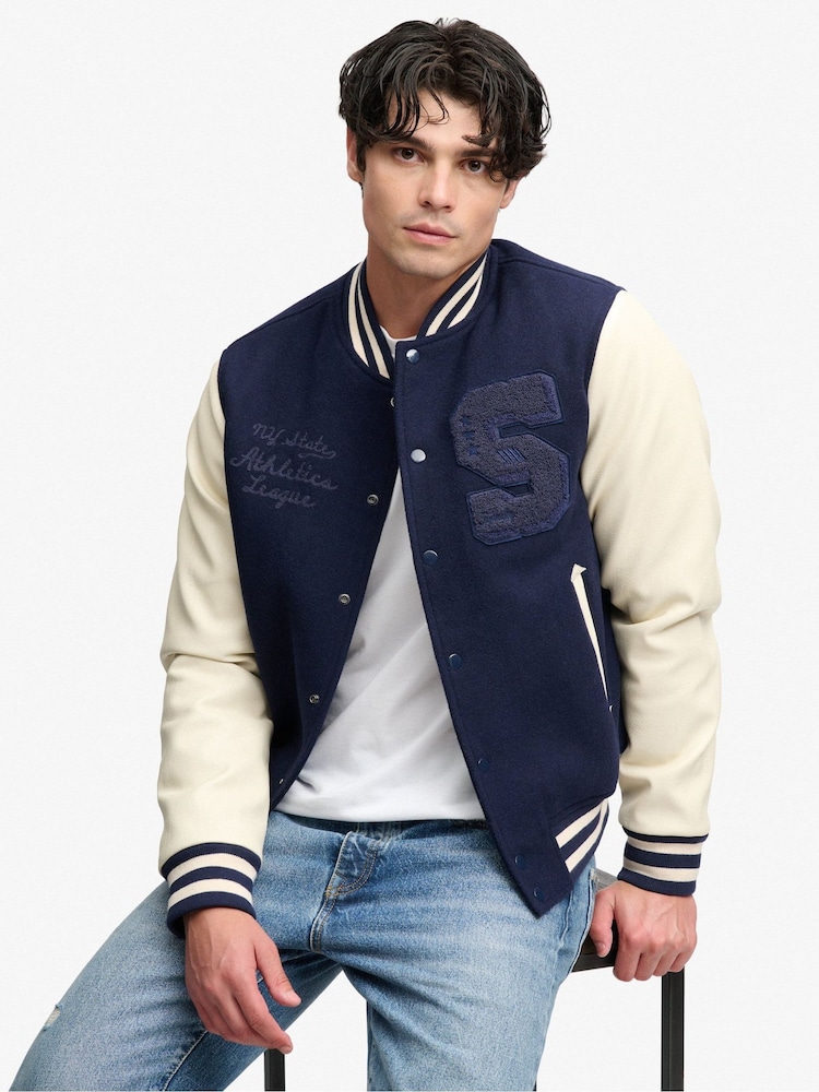Superdry Blue Vintage Patched Varsity Jacket - Image 5 of 5 Superdry Blue Vintage Patched Varsity Jacket - Image 5 of 5